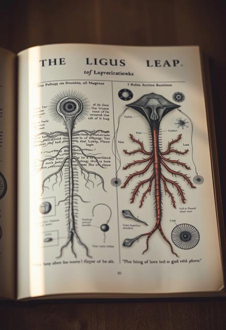 Surreal textbook page featuring bizarre biological diagrams, vintage-inspired photography. Gentle soft light, smooth gradient transitions, warm tones, natural lighting, soft focus, muted color palette, dreamy aesthetic, and a nostalgic atmosphere.