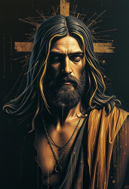 "Jesus" jeremy mann glitchcore painting by cavaraggio analog horror synthwave dynamic black backdrop tenebrism gold dripping glitter paint holographic dynamic pose movement motion full portrait beautiful cinematic 3D oil impasto dendritic epic high contrast movement contrast split contrast vivid line art blend of mediums decoupage