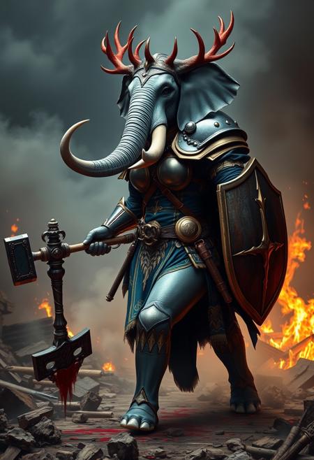 hyperrealistic, anthropomorphized elephant/human female (with female human body, elephant head with human like features), grey skin, bald, large tusks, elephant trunk, muscular thighs, sexy, busty,
knight, blue and gold full armor, long pelvic curtain, muscular thighs, holding a midevil war-hammer, knight, crown of red antlers,
charging into battle, fighting, hero pose, surrounded by smoke, surrounded by blood, blood splattered on floor, midevil battlefield, burning rubble, 
cinematic composition and lighting. Masterpiece. Very detailed.
