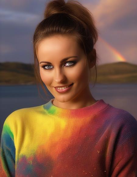 <lora:kyl4c0l3-000014:1>portrait photo of kyl4c0l3 woman, looking directly at the camera   snapshot aesthetic, dramatic lighting, color cannon explosion, savage smile, paint on body, rainbow collored sweater,splash, particles, dynamic background,, (masterpiece, best quality, ultra-detailed, best shadow), high contrast, (best illumination), ((cinematic light)), colorful, hyper detail,