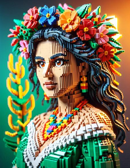 LEGO EXPERT SET, Voxel sculpture of a beautiful Mexican woman looking at the viewer, the woman is made of LEGO bricks, detailed and epic 3D rendering, 4k, high definition, volumetric textures, micro-blocks