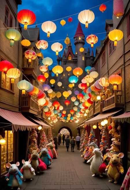 Lost Toy Kingdom ,  forgotten stuffed animals come to life, patchwork castles made of old blankets, wind-up toy soldiers marching through the streets, floating paper lanterns,  magical, shifting perspectives, ethereal atmosphere, whimsical, rich tapestry of colors, gritty surroundings, epic tale, centered, divine, stenciled rats