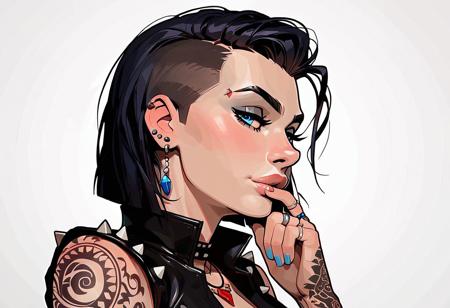 score_9, score_8_up, score_7_up, defLoki, Expressiveh, intricately detailed, unity 8k wallpaper, amazing quality, masterpiece, best quality, hyper detailed, ultra detailed, UHD, perfect anatomy, striking young woman working on her custom Harley in a dimly lit garage. raven-black hair, hair style faux hawk mohawk, deep blue eyes. sleeveless tank top, cleavage, form-fitting low-rise leather pants, combat boots. Seductive makeup, highlighting her high cheekbones, full lips. body is adorned with intricate tattoos, leather vest with bike gang's insignia. Stainless-steel rings on her fingers glint under the garage lights. The scene captures her confident, alluring presence and the meticulous attention she gives to her bike, <lora:Expressive_H:0.8>, <lora:c0l0urc0r3XLP2:0.7>, <lora:feloki-pdxl-nvwls-v1:0.8>