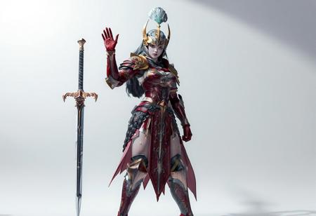 The image showcases a digital rendering of a voluptuous Dark Fairy Cheer Girl knight, dressed in intricate full armor, standing in a determined pose with a sword at her side. The 4K image features exceptional quality, vivid colors, sharp lines, and a dynamic action pose. The knight stands against a light A Legendary Ocean background, with a shadow adding depth to the scene. The armor is predominantly red and gold, with accents of black and silver, and is intricately designed with a Psychic Armor Head featuring a plume. The knight's right hand is raised as if in greeting, while her left hand rests on the pommel of the sword. The image is beautifully composed, with intentional focus, balanced editing, and a captivating lighting setup. Rendered in Octane, this artwork is trending on ArtStation and CGSociety.
