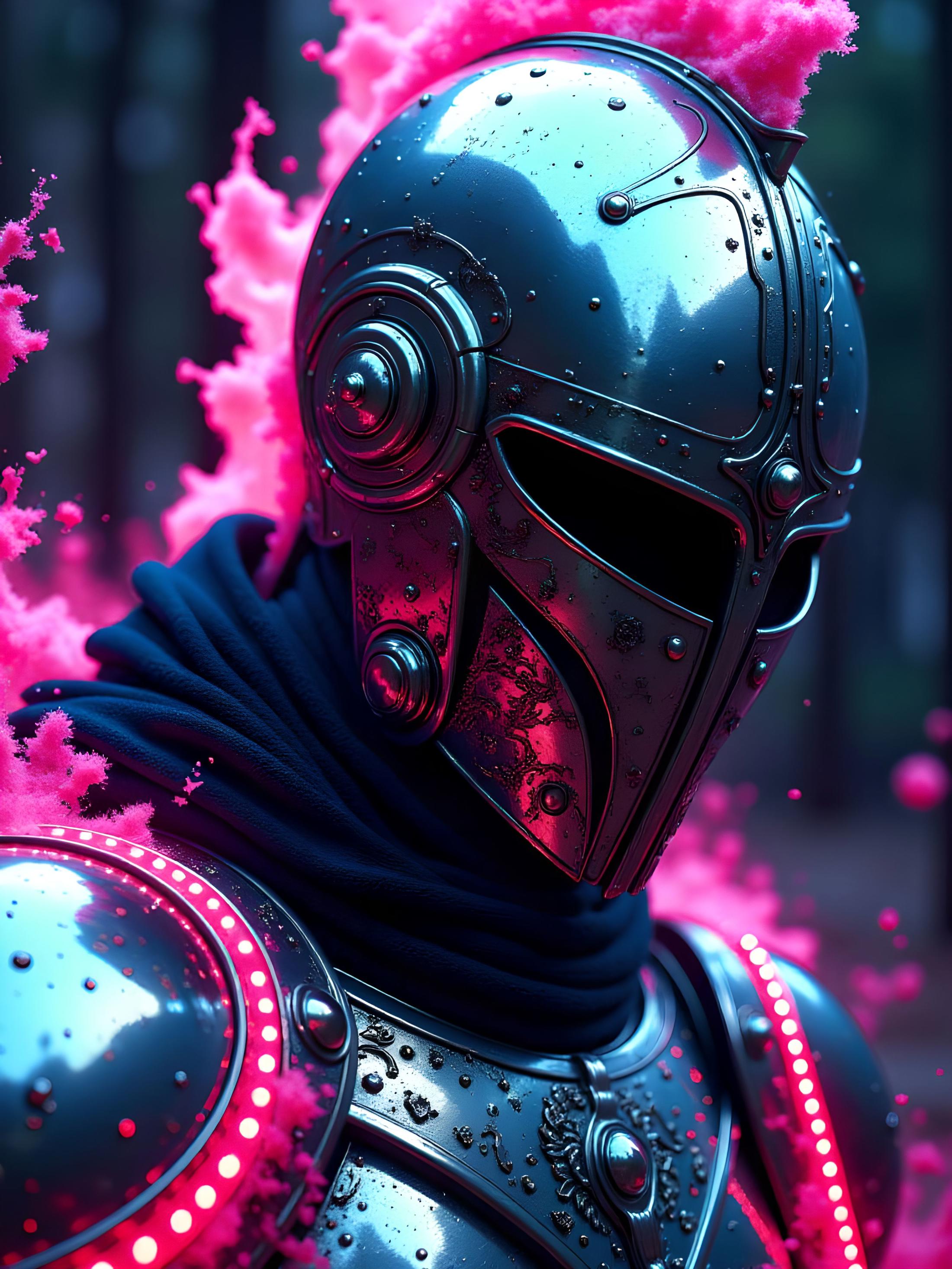 flat color two-toned in translucent Neon Pink, Blue, and Green hues, cinematic lighting, insane details, hyperrealistic extreme close-up macro photography, 64-megapixel DSLR. An intense action-packed anime scene in a sketch-like style, featuring thick, bold lines with a vibrant translucent color palette. This is a CGI-rendered image depicting a close-up of a medieval knight’s helmet in heavy silver metal armor, with a vintage sci-fi twist. The helmet features intricate engravings and a slightly futuristic design, blending the past with a sleek sci-fi aesthetic. The metallic surface gleams under the gradient sky, reflecting the neon colors of the environment. The helmet is covered in a ring of illuminated, glowing small circular lights along the edges, giving it a mysterious, otherworldly appearance. The close-up shot emphasizes the depth and detail of the metal, showing scratches and wear from battles. Ethereal atmospheric haze surrounds the scene, emphasizing the powerful contrast between light and darkness. The overall atmosphere is eerie and somewhat mysterious, invoking a sense of awe and wonder, typical of the sci-fi genre. A fierce aura envelops the knight’s helmet, reflecting a growing, monstrous anger. The aura swirls violently, as if ready to explode, while the deep blacks in the background highlight the raw emotion and energy of this high-detailed, sketch-like artwork. aidmaimageupgrader, aidmaMJ6.1m, detailmaximizer <lora:aidmaImageUpgrader-FLUX-V0.2:1.0> <lora:flux.1_lora_flyway_Epic-detail_v2:0.8> <lora:aidmaMJ6.1_aidmaMJ6.1-FLUX-v0.4:0.4> <lora:v1v1dr34m:0.7>