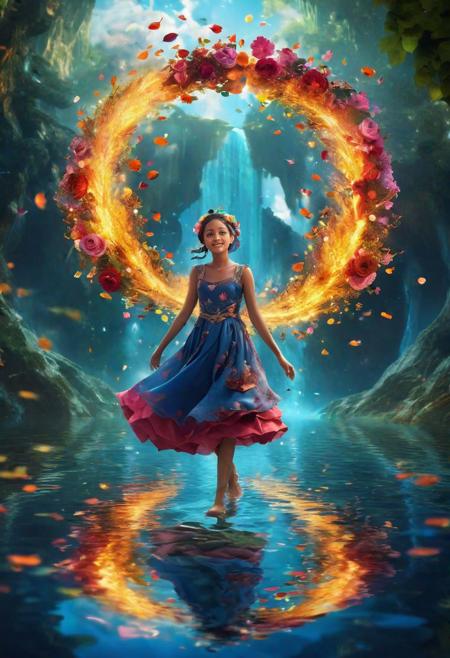 Surreal, future, a cute little girl with big eyes, slim face, happy expression, glowing body, wearing a costume made of flowers and leaves, with a background of water and fire, magical and complex, a vortex forming under her feet, flying, in the air There are ethereal elements floating, mysterious,