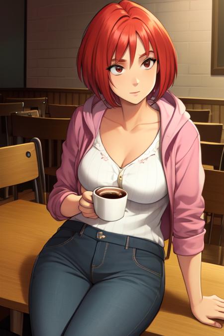 Will, short red hair, brown, solo, sitting, casual wear, hoodie, hands free, cafe, coffee on table, (insanely detailed, beautiful detailed face, masterpiece, best quality) cinematic lighting, 
 <lora:WillVandom-10v2:0.7>