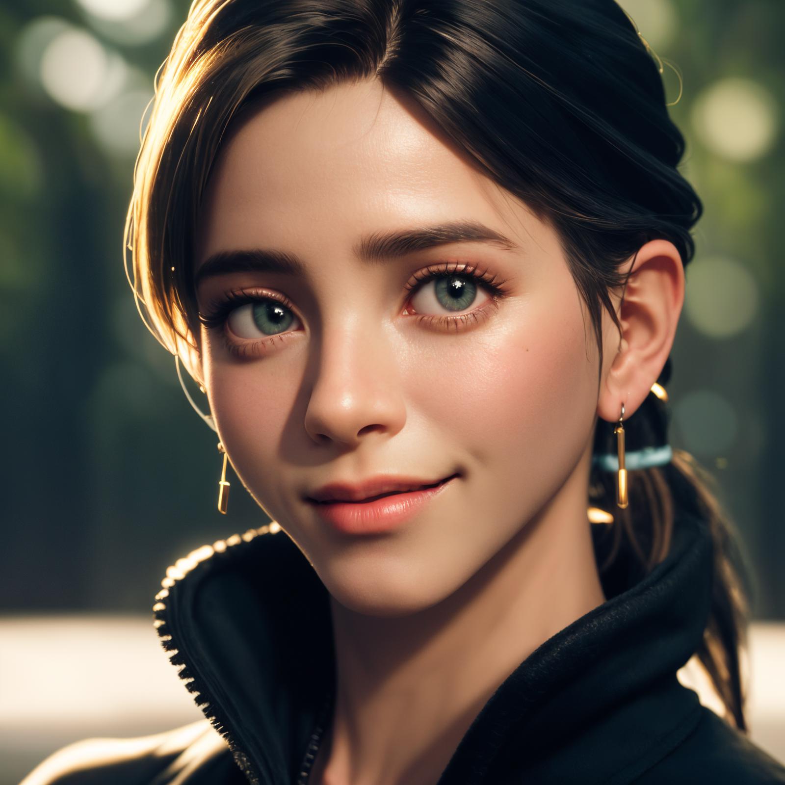 A 3D rendered woman with long brown hair wearing a black sweater and earrings.
