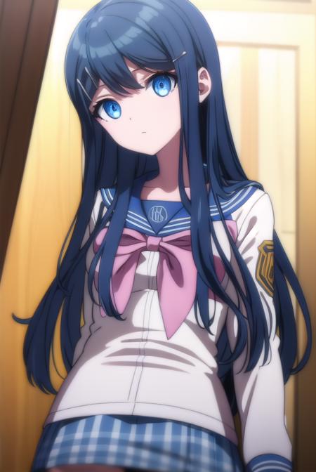 sayakamaizono, <lora:sayaka maizono s1-lora-nochekaiser:1>,
sayaka maizono, long hair, bangs, blue eyes, hair ornament, blue hair, hairclip,
BREAK long sleeves, bow, school uniform, collarbone, serafuku, bowtie, sailor collar, pink bow,
BREAK indoors, classroom,
BREAK looking at viewer, (cowboy shot:1.5),
BREAK <lyco:GoodHands-beta2:1>, (masterpiece:1.2), best quality, high resolution, unity 8k wallpaper, (illustration:0.8), (beautiful detailed eyes:1.6), extremely detailed face, perfect lighting, extremely detailed CG, (perfect hands, perfect anatomy),