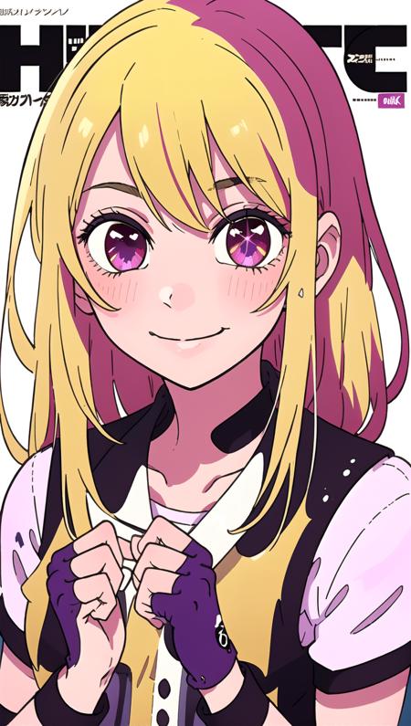 ruby hoshino, blonde hair, extremely detailed, detailed eyes, + +, purple eyes, upper body, looking at viewer, smile, long hair,  magazine cover, <lyco:Ruby3:0.7> (masterpiece, best quality;1.3), extremely detailed picture,8k cg, ultra detailed, pink gloves, fingerless gloves, facial, <lyco:GoodHands-beta2:0.5>