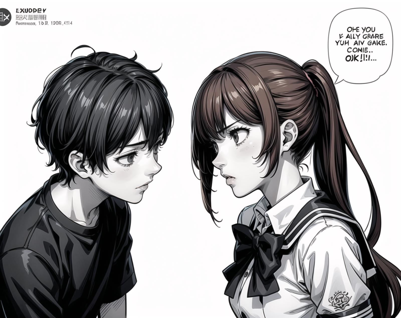 A black and white comic of a young girl and a boy.
