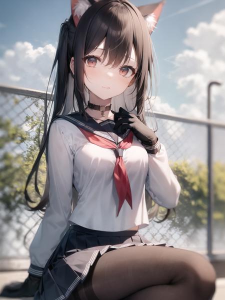 masterpiece, best quality,a girl, solo, skirt, sky, sitting, pantyhose, serafuku, cloud,black gloves, outdoors, neckerchief ,day, bangs, fence, shirt, ahoge, rooftop, long hair, white pantyhose, black hair, school uniform, white sailor collar, red eyes, sailor collar, blue skirt, red neckerchief, blue serafuku, animal ears, blue sky, long sleeves, blue shirt, looking at viewer, closed mouth,cat ears, chain-link fence, pleated skirt, cloudy sky