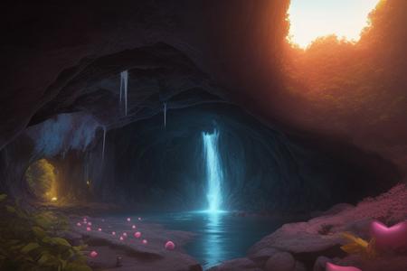 aesthetic 11, Dark, moody cave setting; feral Pinkie Pie, earth pony; descending; heart-shaped balloons, red and pink;  waterfalls cascading; bright sunset, visible from cave; lush, dark foliage; glowing blue lights; painterly style; detailed rock formations; dramatic lighting; shallow depth of field; slightly blurry background; high contrast.