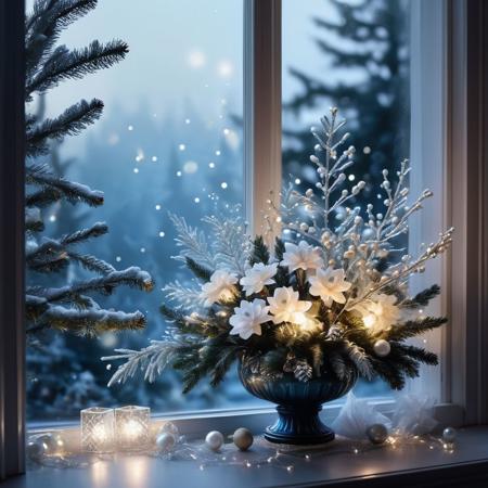 New Year's bouquet on the window,delicate,fir tree branches,cones,tinsel,pearls,Christmas tree toys,elegant vase,chiffon,luminous consisting of puffs of smoke,delicate large flowers,matte sheen,detailed drawing,dark background,lots of details,dark botanical, light flying translucent lush, Stardust, white, realistic, artwork, hyper-detailed photo], misty haze, hyper-realistic photo]transparent, blue tone, soft light, thin lines, twinkling lights