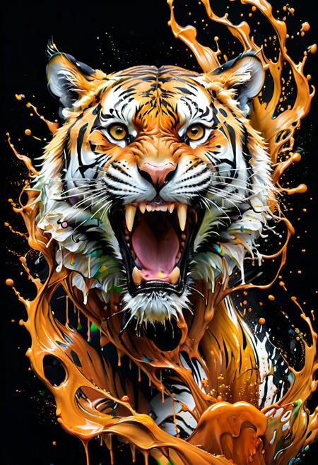 a tiger with a big splash of paint all around  it's face,  Background with more painting splash in an intricate spill that leaves the canvas on a 3D s, masterful digital art, spilling juice, caramel, splash image, adi granov, bioart, strong and ferocious, art photograph, smooth drawing, dew, digital screenshot, artistic rendering.