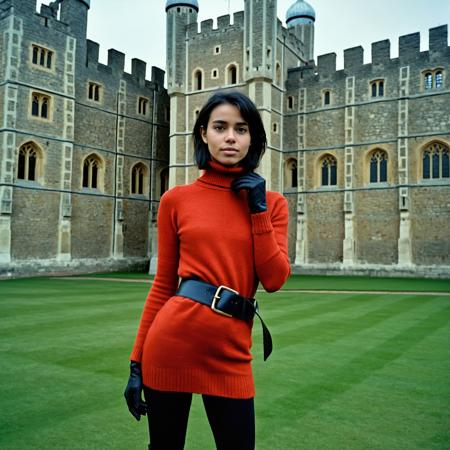 RAW full body analogue photo of a beautiful 20 years old woman, clear focus, 8K,__Random_Woman__,adasweater, black hair, short hair, black eyes, red sweater, turtleneck, harness, pantyhose, black gloves, belt ,low light, soft natural light, Rembrandt style light, Hasselblad DLSR camera, 200mm Zeiss lens, f/2.8, ,Sexy pose, erotic pose, exhibitionism ,The Tower of London with its historic fortress and Crown Jewels
