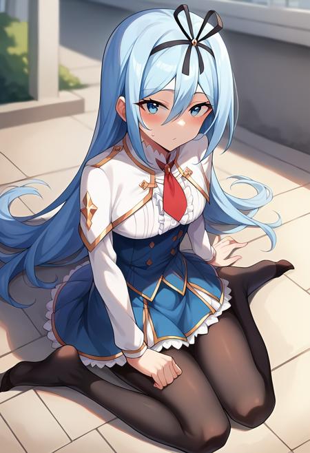 ctiankrulc1fer, light blue hair, white capelet, red necktie, underbust, blue skirt, center frills, frilled skirt, long sleeves, black pantyhose, white unitard, covered navel, collar, white sleeves, black thighhighs, elbow gloves, black gloves,