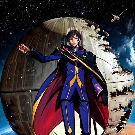 Highly detailed, High Quality, Masterpiece, beautiful, 
BREAK destroyed death star,  <lora:DeathStar:1.0>, spacecraft, space, 
BREAK lelouch lamperouge, zero (code geass), <lora:Char_CodeGeass_Lelouch:0.6>, 1boy, scenery, epic, strong pose, looking away