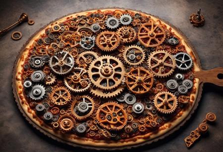 masterpiece, best quality, absurdres, year 2023, pizza made of gears