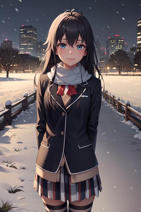 masterpiece, best quality, cowboy shot, looking at viewer, smile, yukino yukinoshita, long hair, hair ribbon, scarf, school uniform, black jacket, plaid skirt, thighhighs, arms behind back, outdoors, night, snowing, path, grass, skyline, <lora:yukino_yukinoshita_v2:1>