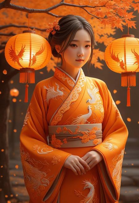 1girl, half body, dressed in an elegant orange hanfu with embroidered phoenix patterns, surrounded by softly glowing lanterns, autumn maple leaves drifting, warm color palette, soft light bloom, traditional-meets-modern aesthetic, ultra-detailed, OrangePeel
<lora:Orange_Peel:0.7>