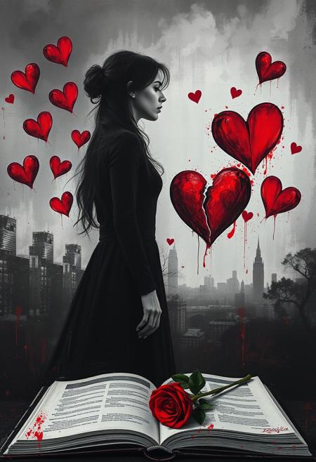 surreal emotional scene, woman in black, cracked red heart, floating hearts, grayscale cityscape, symbolic love and sorrow, open book and rose, selective red color, moody atmosphere, introspective tone, surreal background, emotional contrast, artistic symbolism, dramatic lighting, Abstract Expressionism, gestural brushstrokes, vibrant colors, layered color fields, movement, light, harmony, balance, abstraction, collages, texture, lyrical quality, meditative atmosphere, non-representational