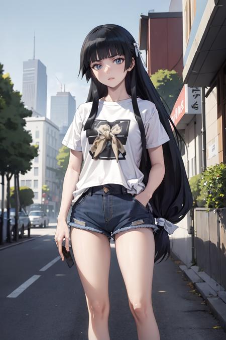 masterpiece, best quality, absurdres, UmeShiraume, low-tied long hair, white ribbon, t-shirt, denim shorts, standing, outdoors, city, hands in pockets, <lora:UmeShiraume:1>