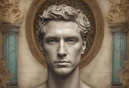 A surreal and artistic portrait of a man, designed in a collage style with a focus on classical architectural elements. The man's face ( front facing face ) is partially abstract, fragmented, and painted in muted yet striking shades of sepia, bronze, and teal, emphasizing a timeless aesthetic. Surrounding the face are intricate architectural motifs, including grand arches, ornate pillars, and stained glass windows with intricate patterns glowing softly. Subtle hints of vintage urban maps and textures are layered in the background, blending seamlessly with aged parchment and faint ink sketches of ancient cityscapes. Floral elements are minimal, limited to a few muted olive and gold ivy vines intertwined with the architecture. The composition is balanced with splashes of metallic gold and soft cream tones to add depth, with scattered ink splatters and delicate, hand-drawn filigree to enhance the classical theme. The background is textured with faint gradients, transitioning from soft cream to warm, earthy hues. The overall design conveys a sense of history, sophistication, and introspection.