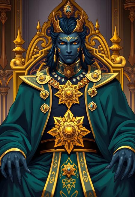 regal figure, dark blue skin, gold facial markings, ornate jewelry, deep teal robe, golden throne, baroque style, celestial motifs, radiant medallion, gothic architecture, fantasy royalty, divine aura, mystical setting, symmetrical composition, dramatic lighting, vibrant fantasy adventure, highly detailed RPG character designs, bold clean linework, layered intricate costumes, exaggerated dynamic posing, painterly yet structured environments, warm vibrant color palettes, cinematic lighting, expressive anime-influenced action, whimsical yet stylish storytelling