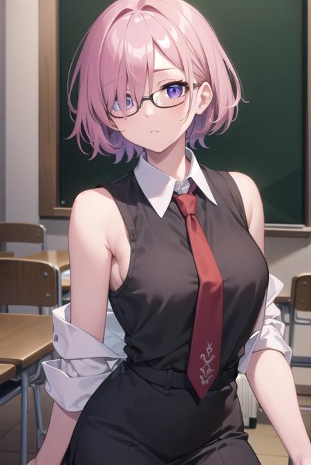 mashkyrielight, <lora:mashkyrielight-lora-nochekaiser:1>, 
mash kyrielight, glasses, hair between eyes, hair over one eye, (purple eyes:1.1), pink hair, short hair,
BREAK hood, shirt, collared shirt, white collar, black shirt, necktie, red necktie, sleeveless, off shoulder,
BREAK looking at viewer,
BREAK indoors, classroom,
BREAK <lyco:GoodHands-beta2:1>, (masterpiece:1.2), best quality, high resolution, unity 8k wallpaper, (illustration:0.8), (beautiful detailed eyes:1.6), extremely detailed face, perfect lighting, extremely detailed CG, (perfect hands, perfect anatomy),