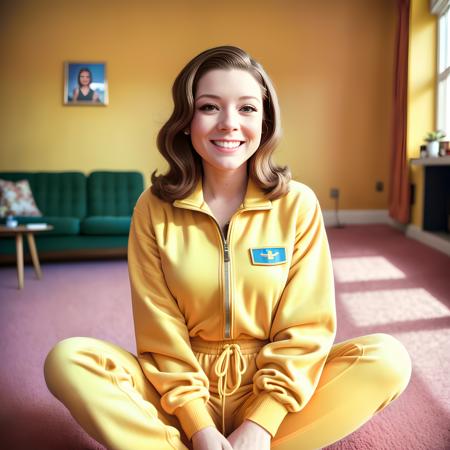 a photo of a d1ana-r1gg-t2, (sitting in a room), smiling, (portrait), London, (retro tracksuit top), (((straight flicked up bob))), (((brunette))), 1960s, retro, vintage, (8k, RAW photo, highest quality, best quality, masterpiece, ultra-detailed, hires, absurdres), (photorealistic)