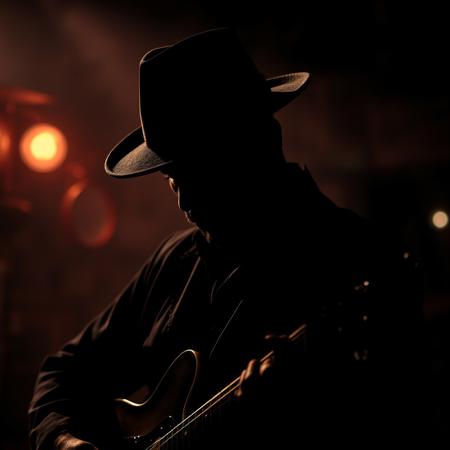 Atmospheric photograph of the silhouette of a blues guitarist wearing a fedora, in a smokey bar, high contrast, shadows, creative masterpiece, vintage and worn look