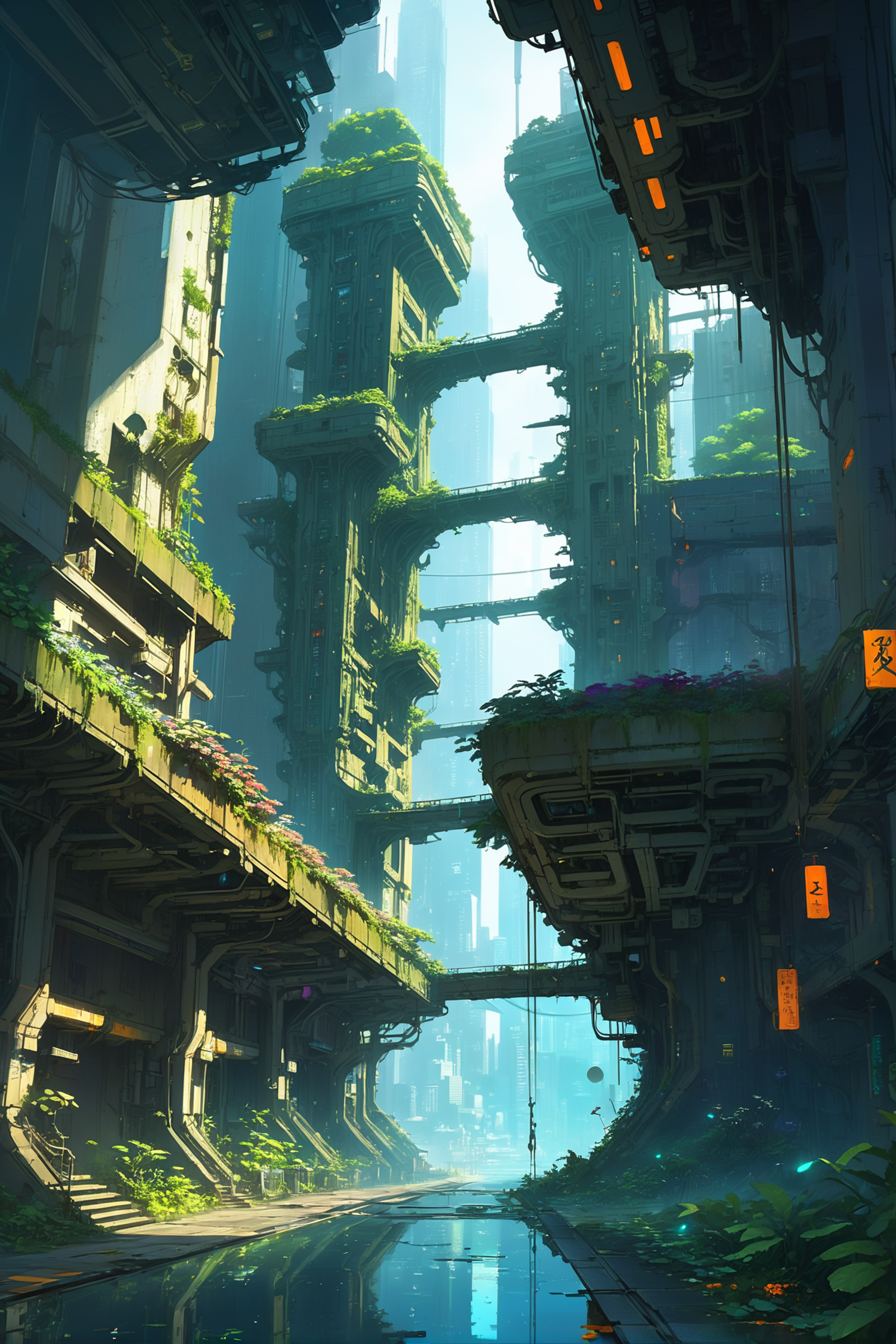 A Futuristic Cityscape with Tall Buildings and Plants Growing on Them
