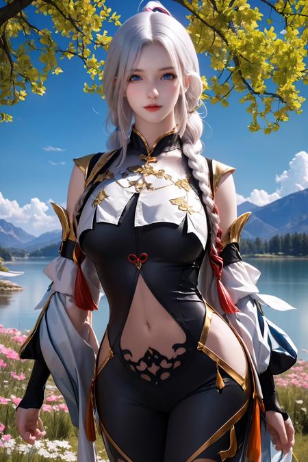 shen shen,1girl,white hair,blue eyes,hair ornament,bodysuit,breast curtain,clothing cutout,