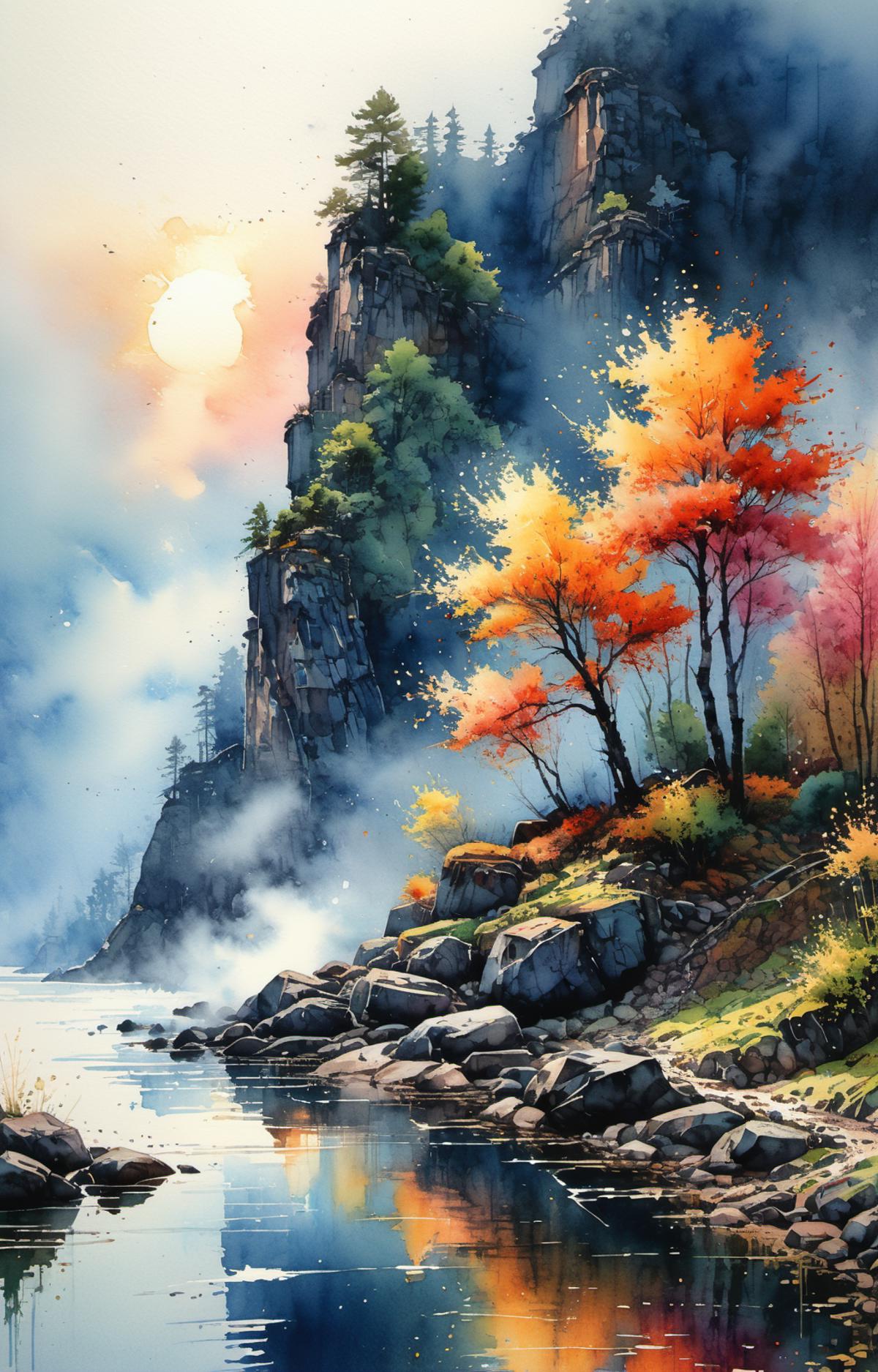 A serene mountain river scene with a waterfall.