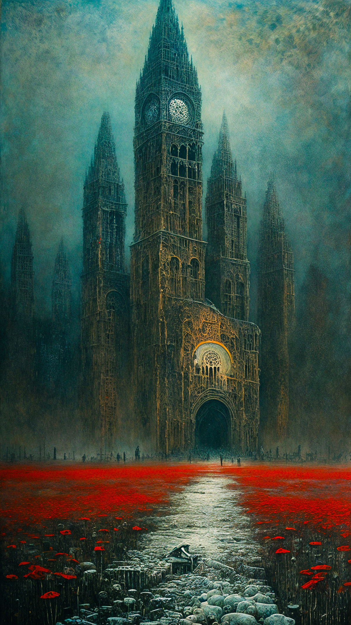 A painting of a Gothic cathedral with a red sky.