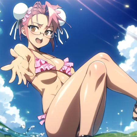 masterpiece, best quality, best aesthetic, 
takagi saya, solo, open mouth, cleavage, brown eyes, swimsuit, bikini, frills, glasses, hair bun, double bun, transparent background, sandals, crossed legs, outstretched arm, foreshortening, frilled bikini, pink bikini, bun cover, high quality, absurdres, 8k,  <lora:Saya_Takagi-10:1>