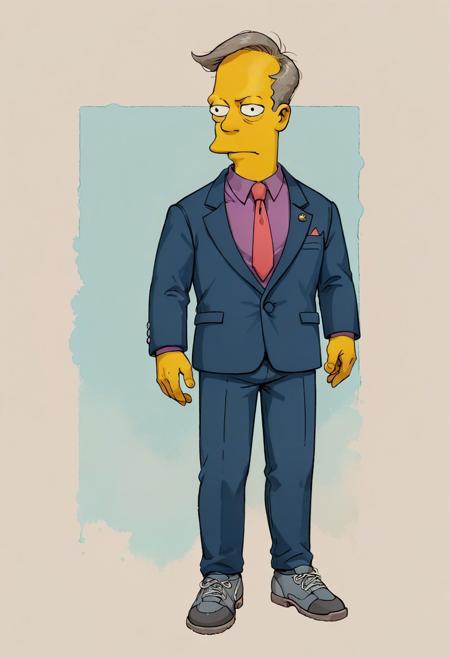 1boy, skinner,  \(the simpsons\)/,(ultra HD quality details), short, straight, grey hair, large nose,  suit, cerulean business suit, grey shoes, leather shoes, necktie, pink tie, shirt, lavender shirt, theSimpsonsstyle,