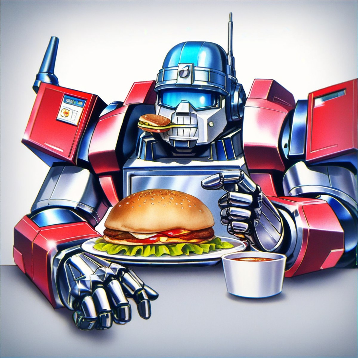 (transformers:0.5), eating hamburger
score_8_up  <lora:Transformers G1 Boxart:1>