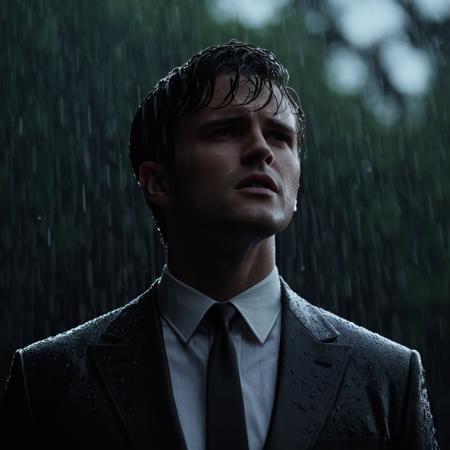 cinematic film still of  <lora:Chiaroscuro Lighting Style:1>
from below, dramatic, cinematic, shadow, partially covered in shadow, a man in a suit is standing in the rain Chiaroscuro Lighting Style, solo, short hair, open mouth, shirt, black hair, 1boy, jacket, white shirt, upper body, male focus, necktie, teeth, collared shirt, black jacket, formal, suit, crown, black necktie, rain, shallow depth of field, vignette, highly detailed, high budget, bokeh, cinemascope, moody, epic, gorgeous, film grain, grainy