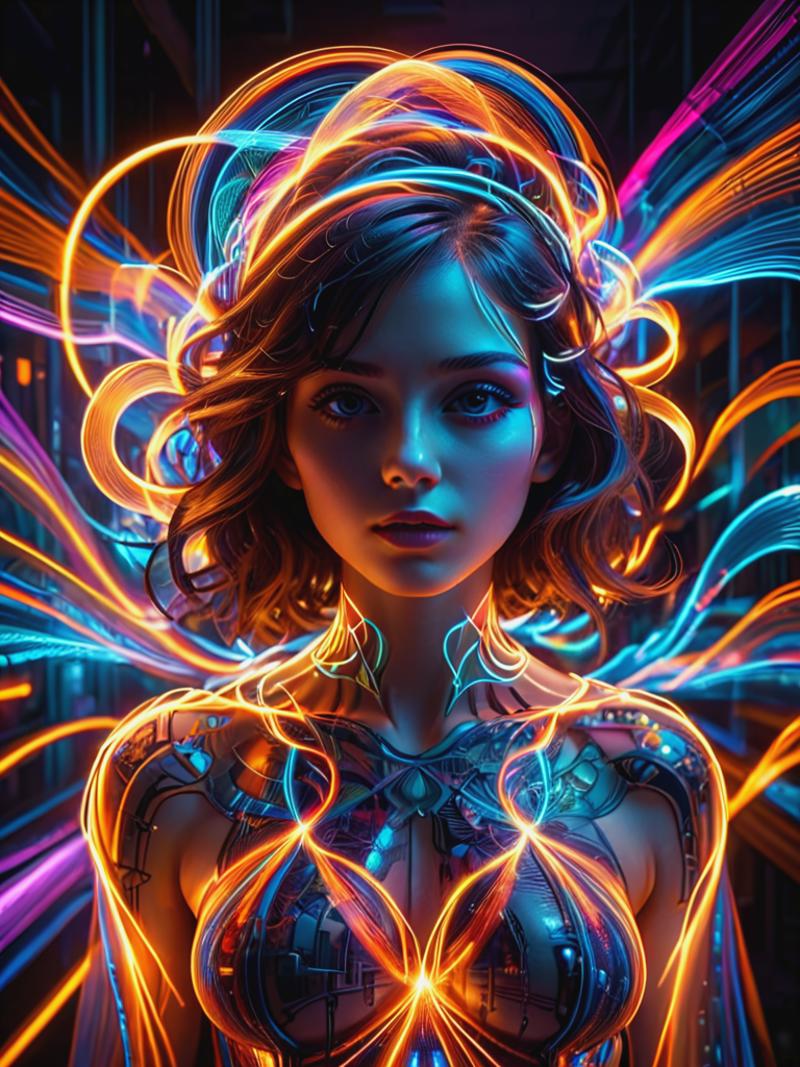 Illustration of a woman with blue eyes in a futuristic, neon-colored design.
