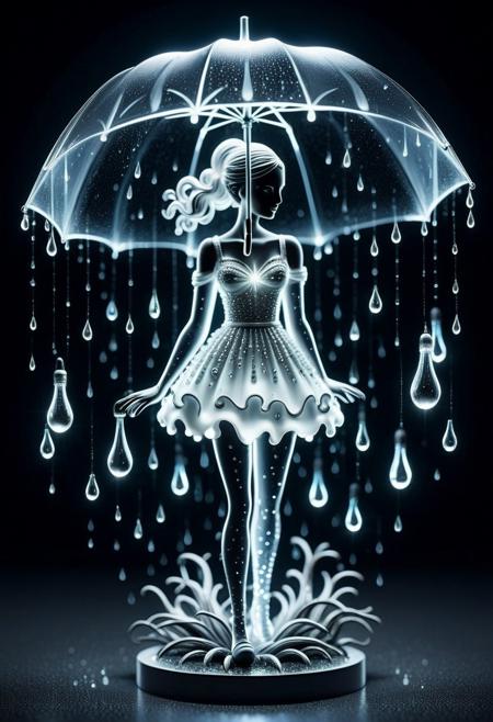 tearStyle2, 3d figurine, hyper-realistic white luminous object, glass drops, umbrella, graceful female figurine, roots, curved endless tornado cloud, mixed light, light bulbs, soft warm light