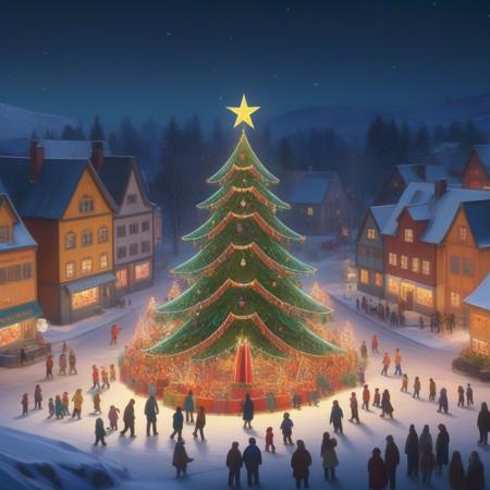 a festive small town with little people surround a giant christmas tree, against a winter wonderland background of colorful banners and colors,festive, deep rich colors, soft warm lighting, festive, joyful, 8k, highly detailed, art by edvard munch and martin deschambault