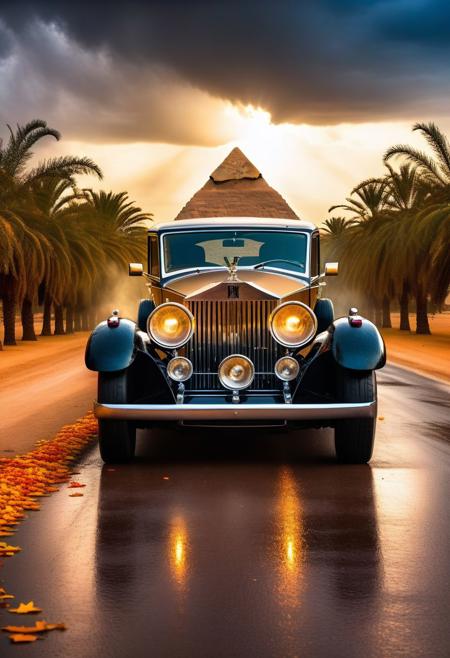 cinematic photo of Rolls-Royce Phantom II 1930, magnificent three pyramids of Giza appear clearly, charm, highly detailed car, Professional lighting, full of life, Lively and energetic, 8K, rays of sun flow beyond heavy clouds, HDR, Fast & Furious movie, motion blur, moving tires, Cinematic Shot, Cinematic Lighting, amazing world, pure perfection, Need For Speed, wide angle exterior background, wet asphalt road, autumn leaves, grass, flowers, jasmine flowers, palm trees, nebula horizon.