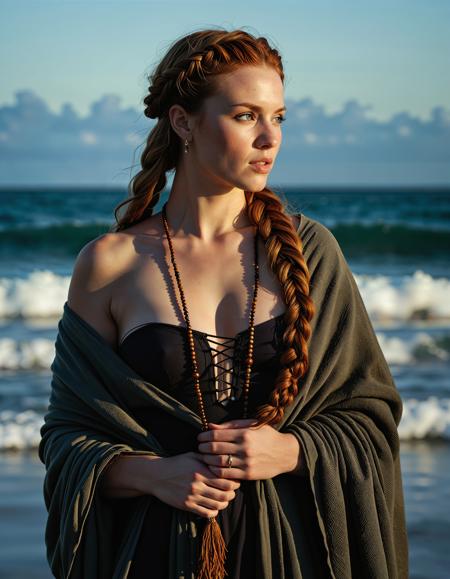 RAW full body image of a gorgeous 25 years old Gorgeous Viking Woman auburn haired, braided hair, <lora:NordicByNature:0.8>,The Sea Witch, A Viking woman adorned with seashells and flowing robes, whispering to the waves as she casts ancient spells.,low light, soft natural light, Rembrandt style light, Hasselblad DLSR camera, 200mm Zeiss lens, f/2.8 clear focus, high resolution image, (soft naural light), (rembrandt light), (soft shadows) ,Sexy pose, erotic pose, exhibitionism,