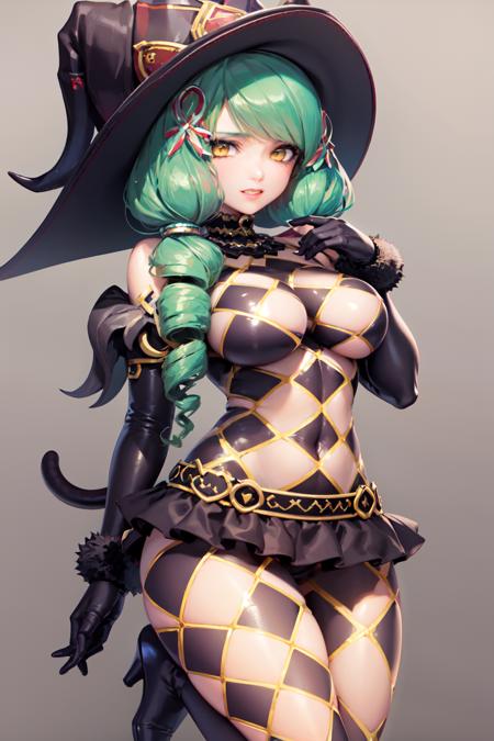 Fiore Brunelli, argyle, checkered, clothing cutout, drill hair, gloves, green hair, hat, long hair, microskirt, revealing clothes, ringlets, tail, thighhighs, twin drills, witch hat, thigh boots, high heel boots, <lora:Fiore_Brunelli-06:1>