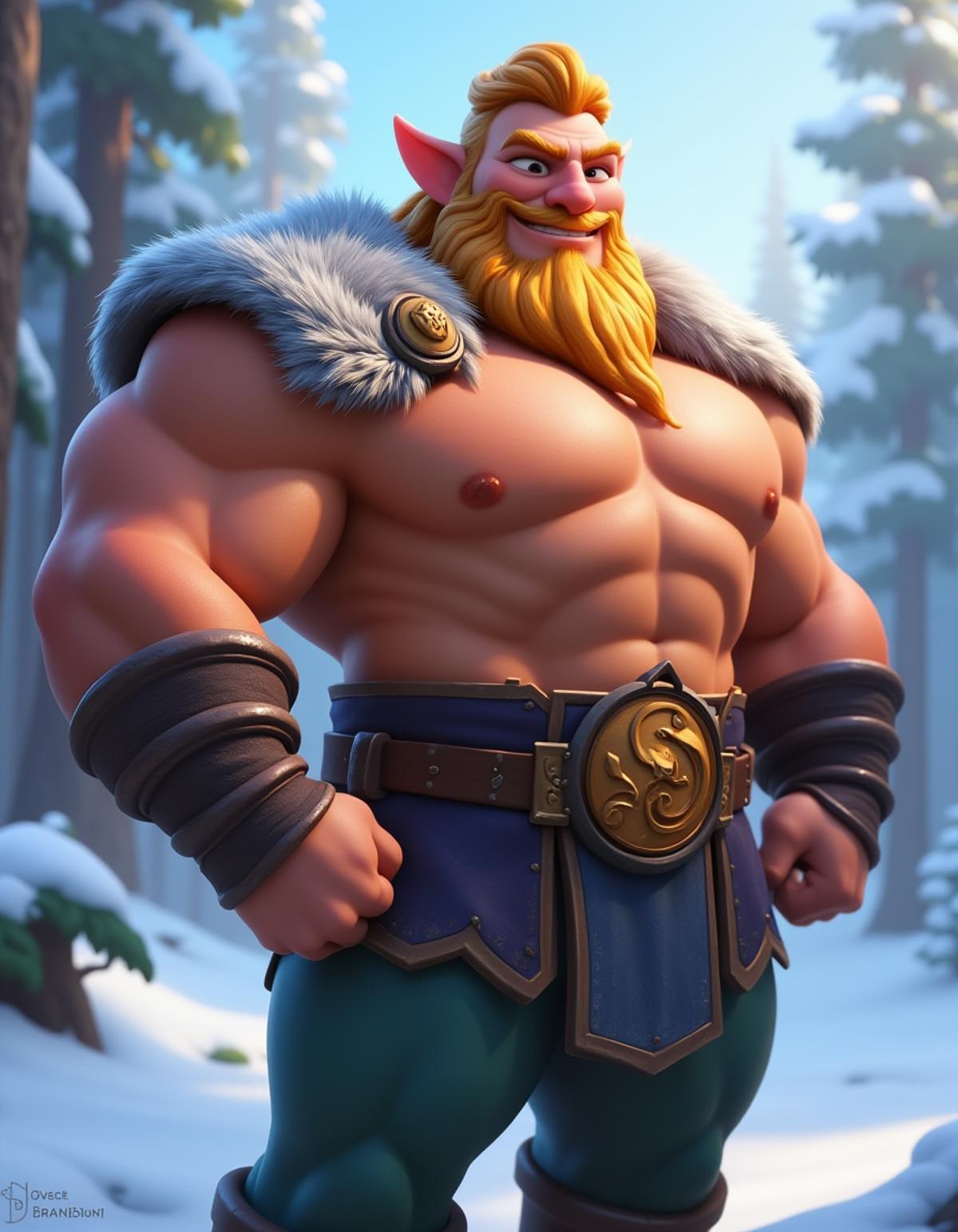 Cartoon warrior, handsome, muscular male, winter clothes, big beard, cool, from side, epic pose, muscular, evil smile, splash art, blonde hair, viking, pants, DisneyStudio, u can se her hips, winter forest background, <lora:Disney-Studios-Flux-000008:0.6>