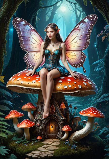 score_9,score_8_up,score_7_up,score_6_up, masterpiece,cs-l3ath3r, ultra-high resolution, incredible composition, extremely detailed, fairy sitting on a mushroom, the colors are stitched leather, each piece intricately positioned, digital art, Ambient lighting, D&D, illustration, ornate, fantastic aesthetic, professional fine composition, inspired, creative