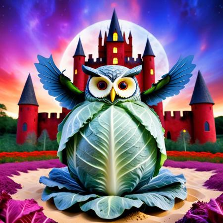 no human, (giant owl made of cabbage over a red castle:1.5), Geometric Pattern Effect: Repeating shapes (tiles, panels) create structured complexity. Color Spectrum Display: Wide range of hues from cool to warm tones.  Reflective Surface Theme: Smooth, light-catching textures evoke motion and depth. Symmetry and Balance: Central alignment with mirrored visual weight. . lazypos, rp_slgd, a surreal owl composed of  obsidian cabbage, wings made of floating cabbage leafs, perched on a red cabbage flower, on top of a red cabbage castle, a kaleidoscope swirling sand sky, glowing purple sand,
, vibrant colors, whimsical design, surreal fantasy, high detail, 4k, strong bokeh