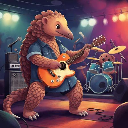 a Pangolin playing guitar in a club, rock band, concert <lora:ILLUSTRE_v1:1>